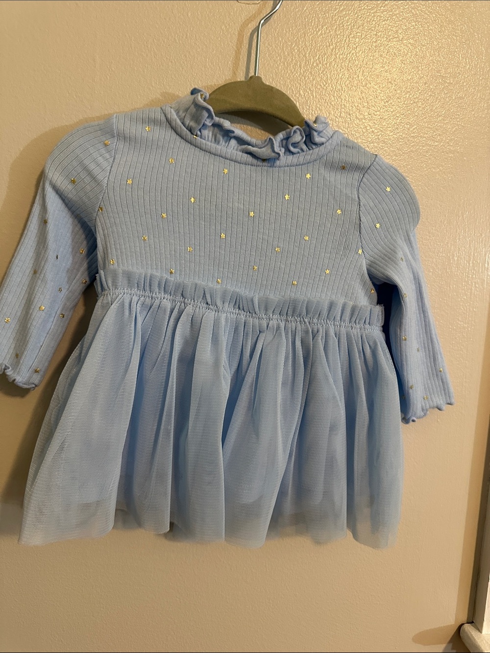 cloud island Light Blue Knit & Tulle Dress with Gold Dots